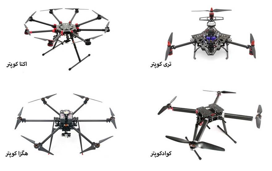 تری کوپتر - tricopter  اکتا کوپتر - octocopter  کوادکوپتر - quadcopter  هگزا کوپتر - hexacopter  